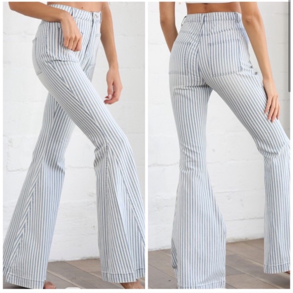 POCKETED STRIPED BELL BOTTOM DENIM PANTS - MEDIUM - Picture 8 of 11